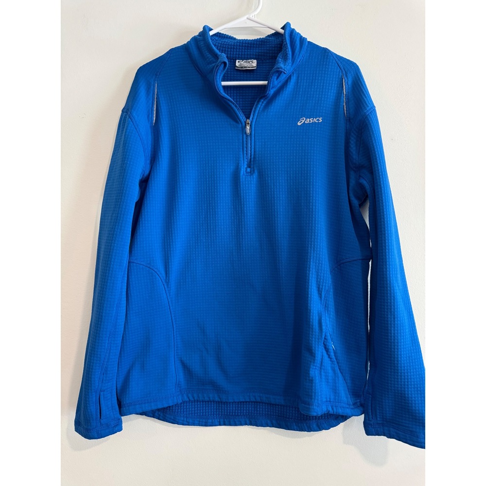 Asics Waffle Grid Fleece Quarter Zip Pullover Mens Large Blue Reflective Logo